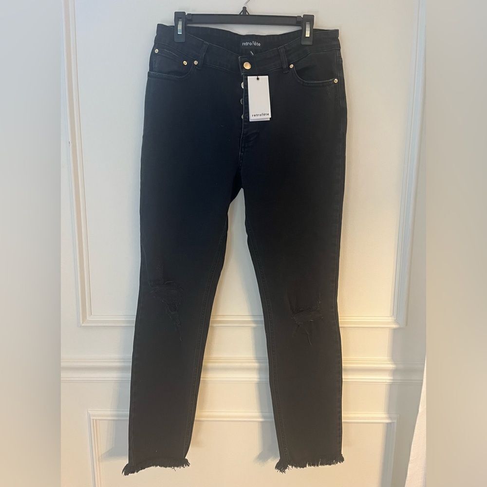 Retrofete Button Fly Distressed Raw Hem Black Denim Jeans Size 31, NWT